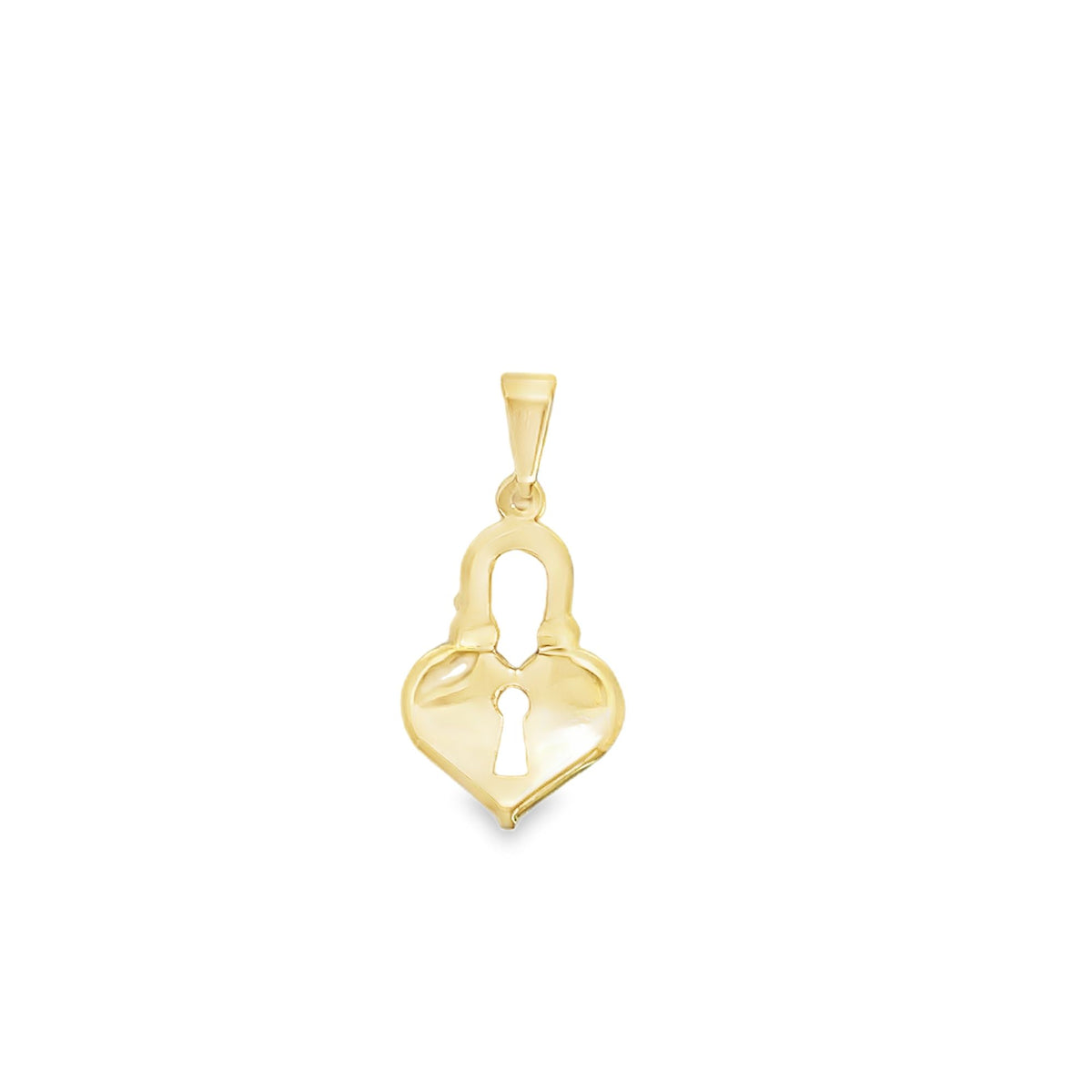 A polished gold heart-shaped padlock pendant features a classic keyhole cutout and a bail on a plain white background.