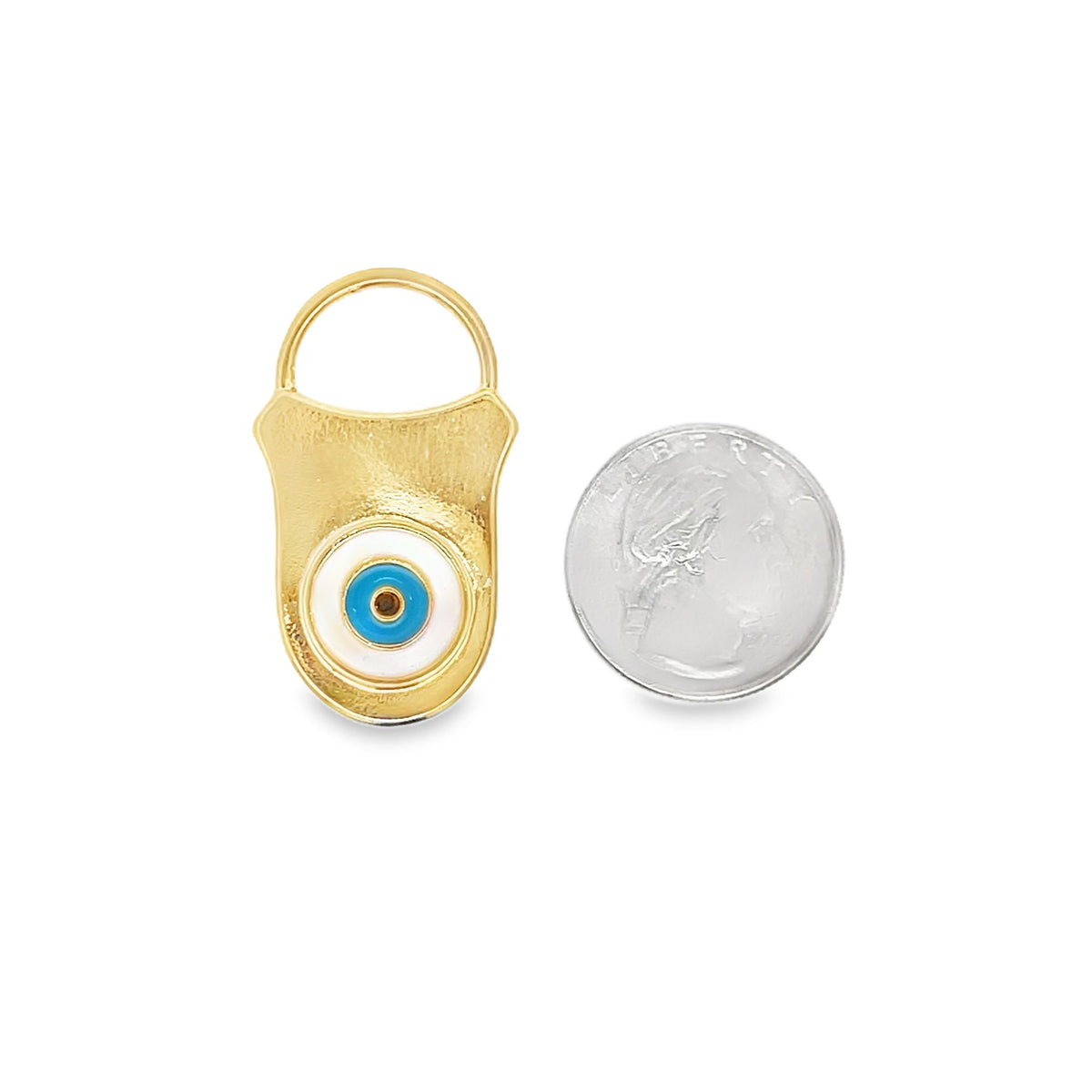 A gold evil eye padlock charm sits next to a silver dime for size comparison.