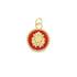A round gold pendant features a detailed lion head motif centered against a vibrant red enameled background.