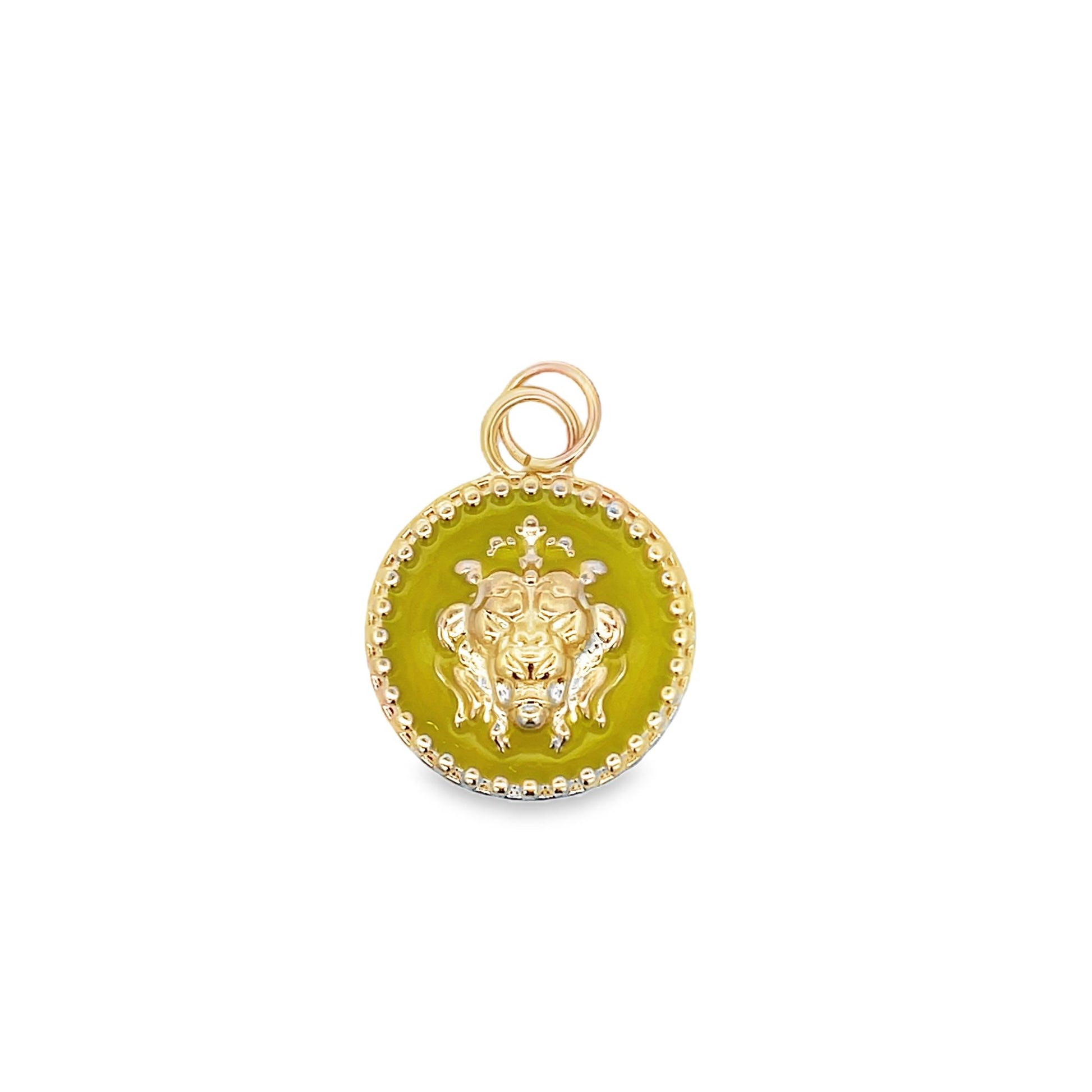 A round gold pendant features a detailed lion head set against a vibrant green enamel background.