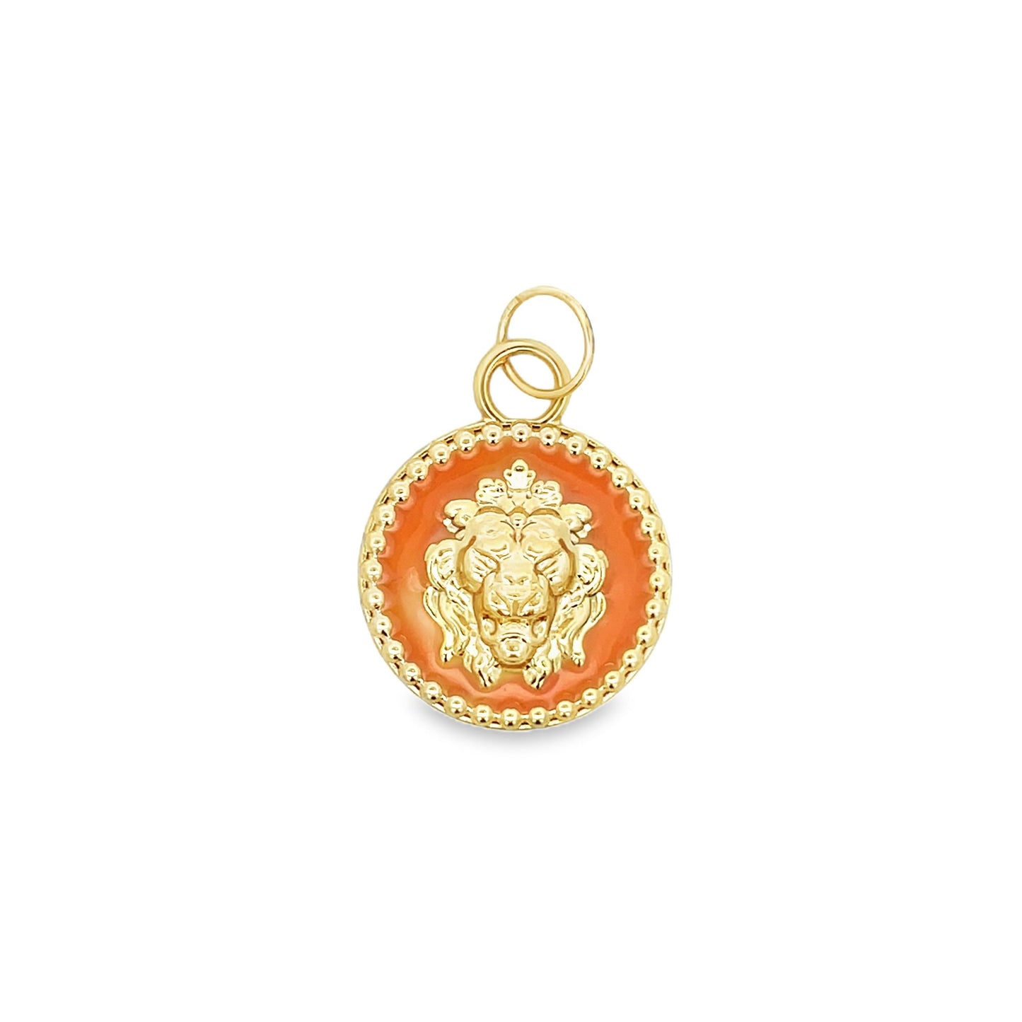 A gold lion pendant features a detailed lion head set against a vibrant orange enamel background inside a beaded circular frame.