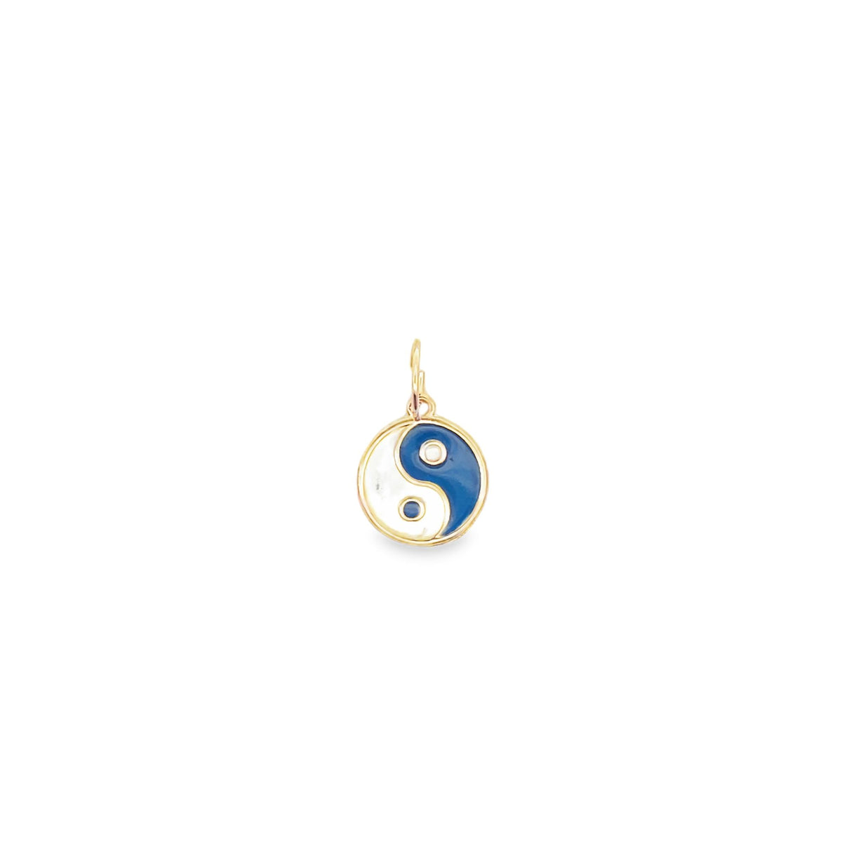 A gold yin yang pendant features glossy blue and white enamel details against a plain white background.