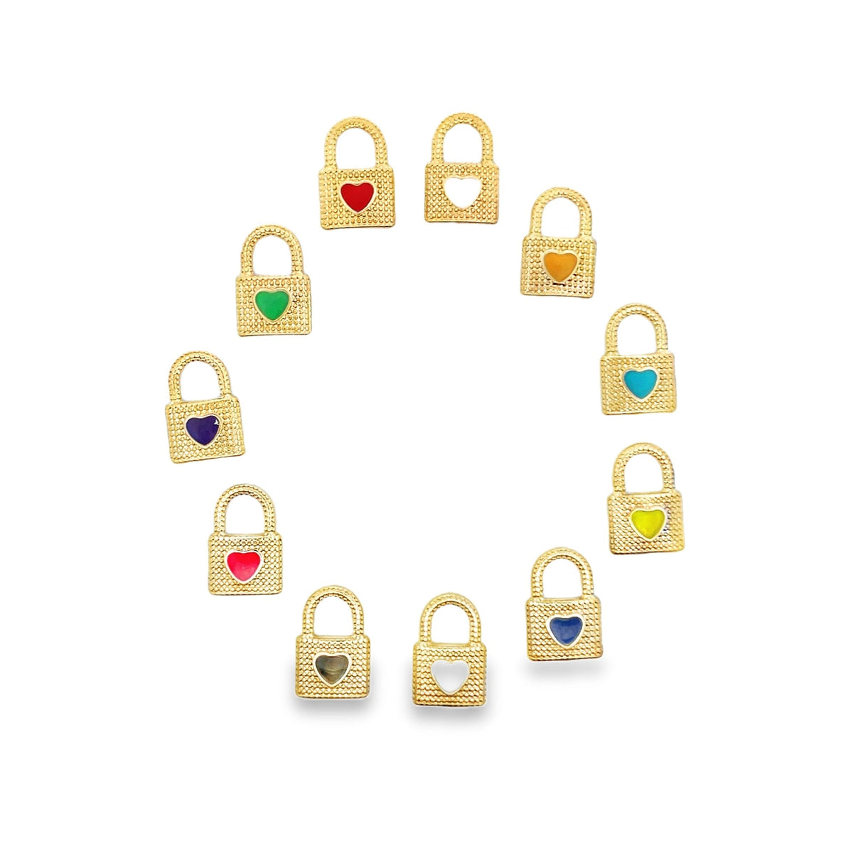 A collection of gold padlock charms featuring colorful enameled hearts arranged in a circle on a white background.