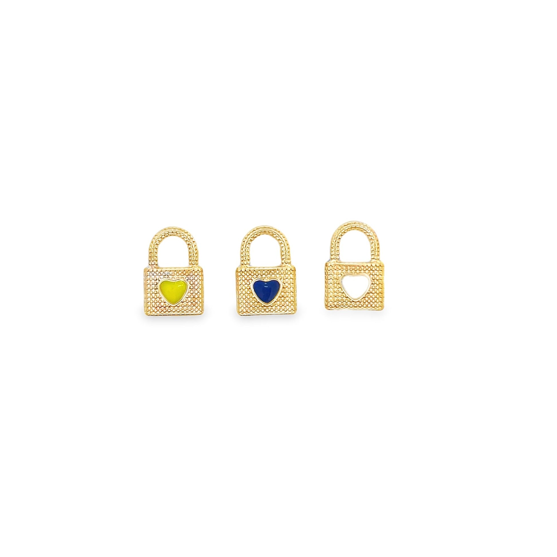 Three gold padlock charms feature heart-shaped accents in neon yellow, royal blue, and white enamel.