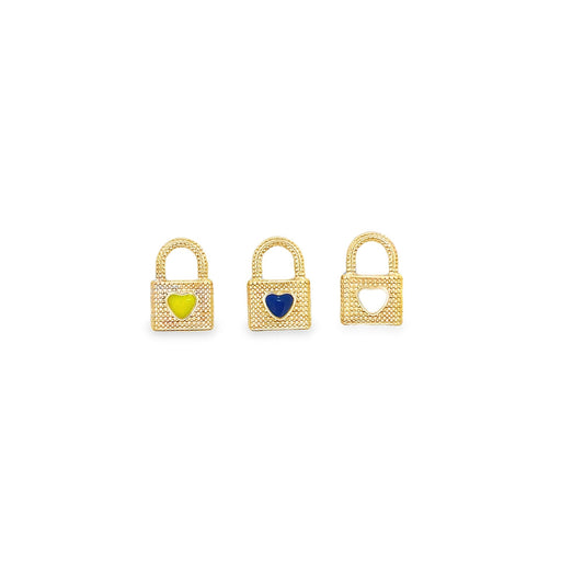 Three gold padlock charms feature heart-shaped accents in neon yellow, royal blue, and white enamel.