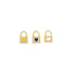 Three gold padlock charms feature heart-shaped accents in neon yellow, royal blue, and white enamel.