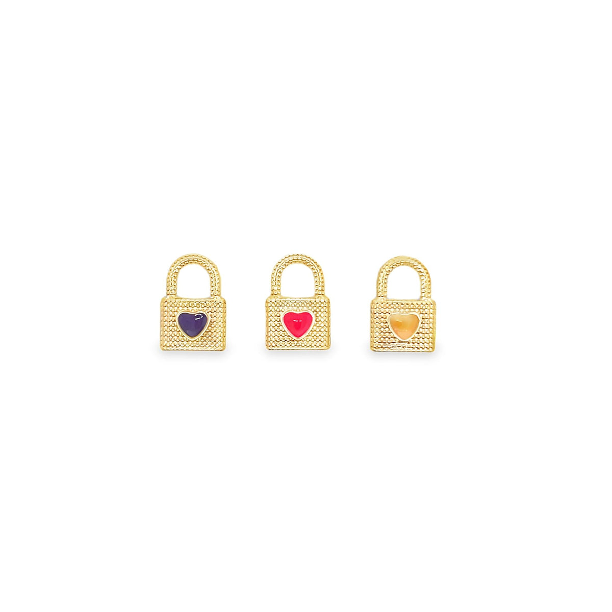 Three gold padlock charms feature textured surfaces and colorful enamel heart inlays in purple, red, and orange.