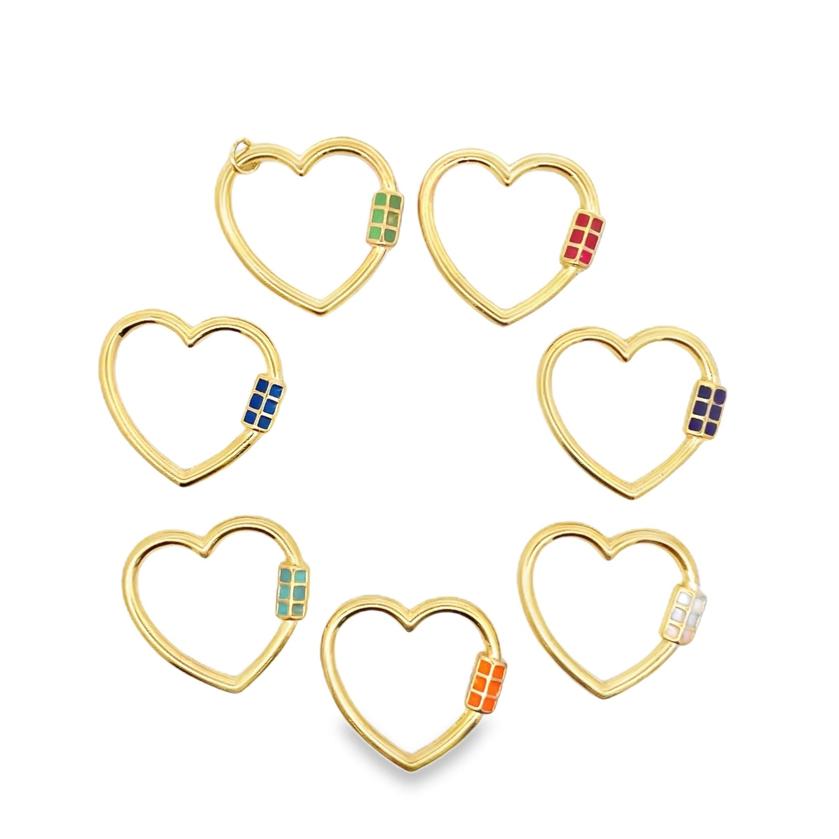 Seven gold heart-shaped carabiner jewelry clasps with colorful enamel details arranged in a circle against a white background.