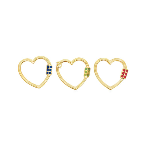 Three gold heart-shaped charm locks feature colorful enamel insets in blue, green, and red against a clean white background.