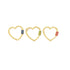 Three gold heart-shaped charm locks feature colorful enamel insets in blue, green, and red against a clean white background.