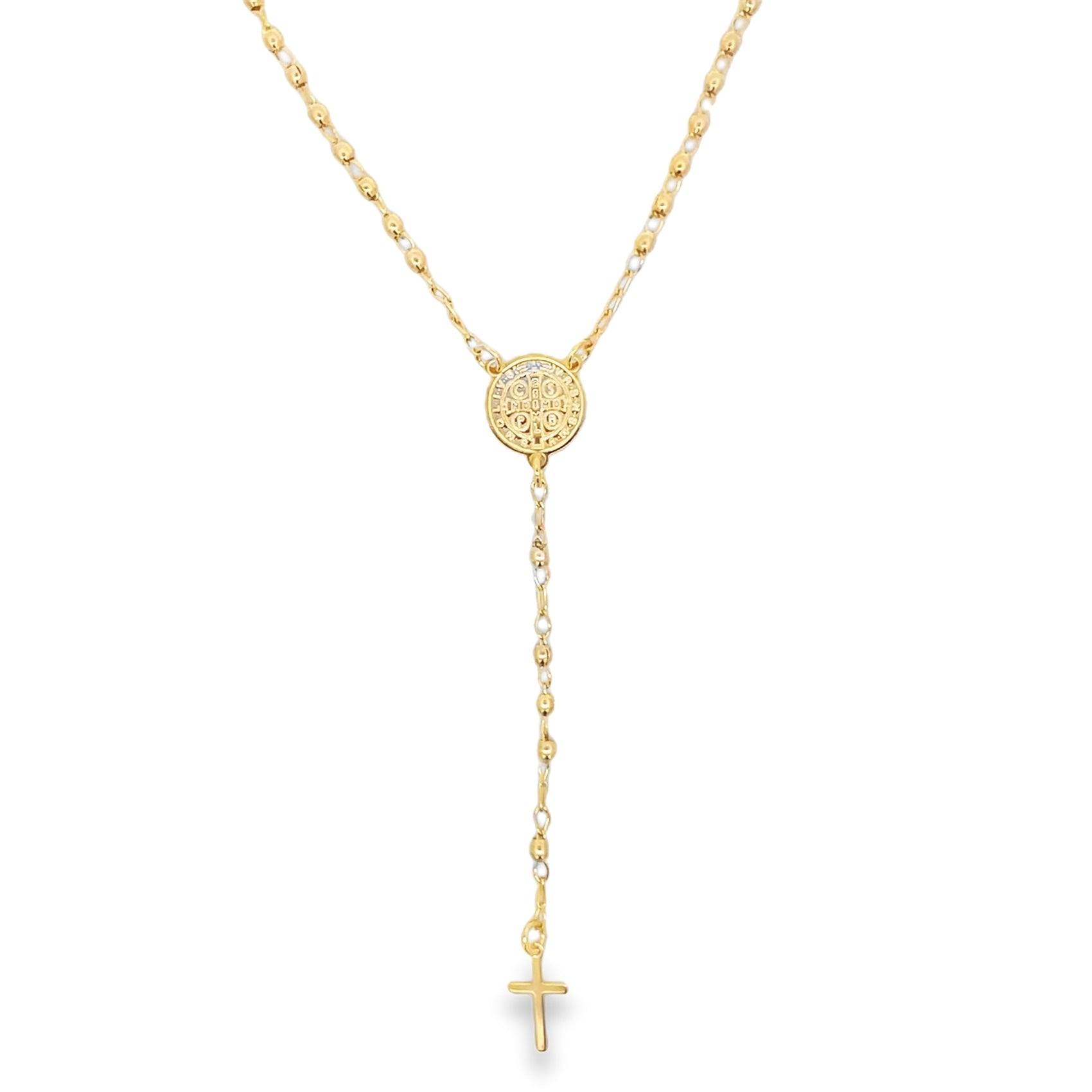 A delicate gold rosary necklace features a detailed Saint Benedict medal and a small crucifix pendant against a white background.