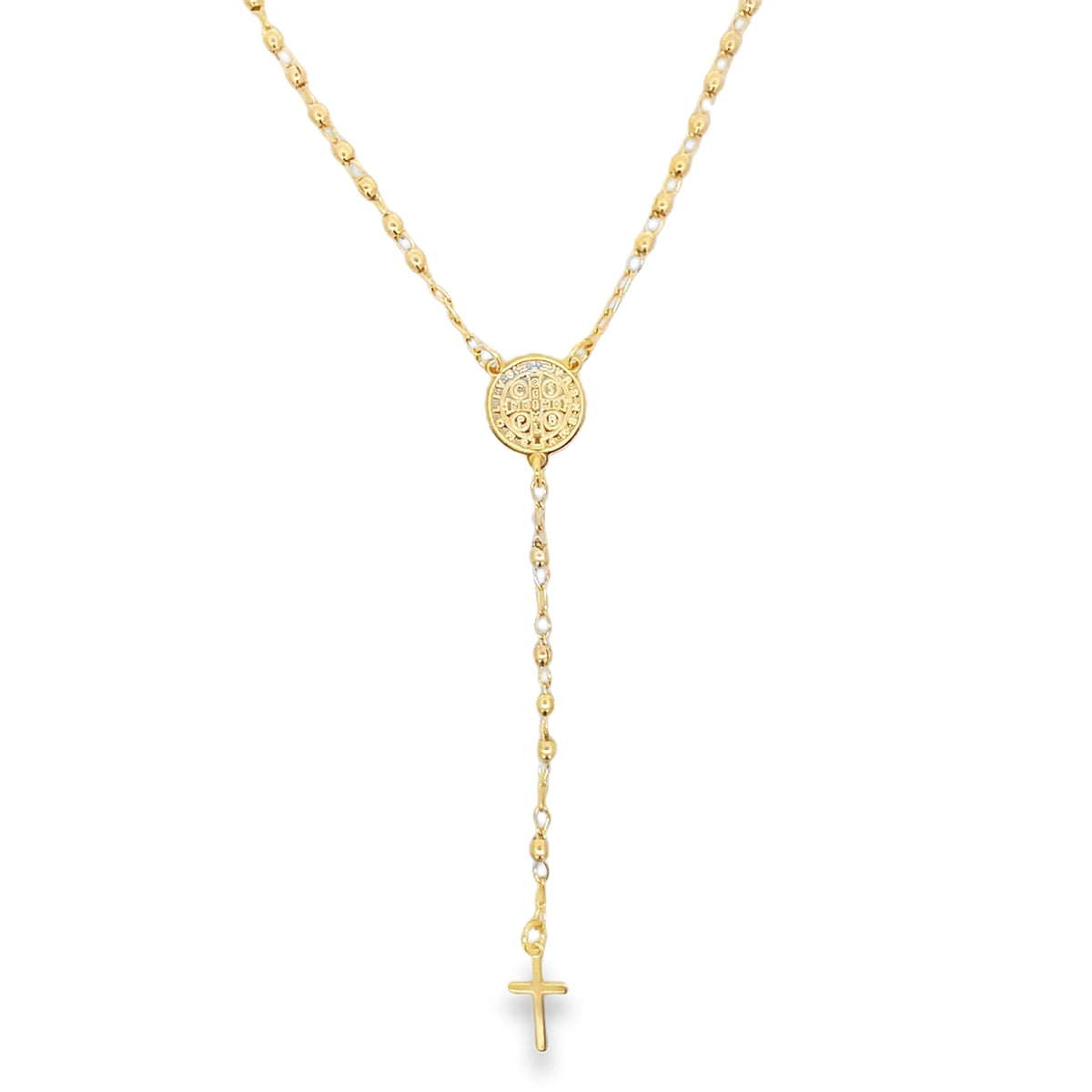 A delicate gold rosary necklace features a Saint Benedict medal center and a small crucifix pendant.