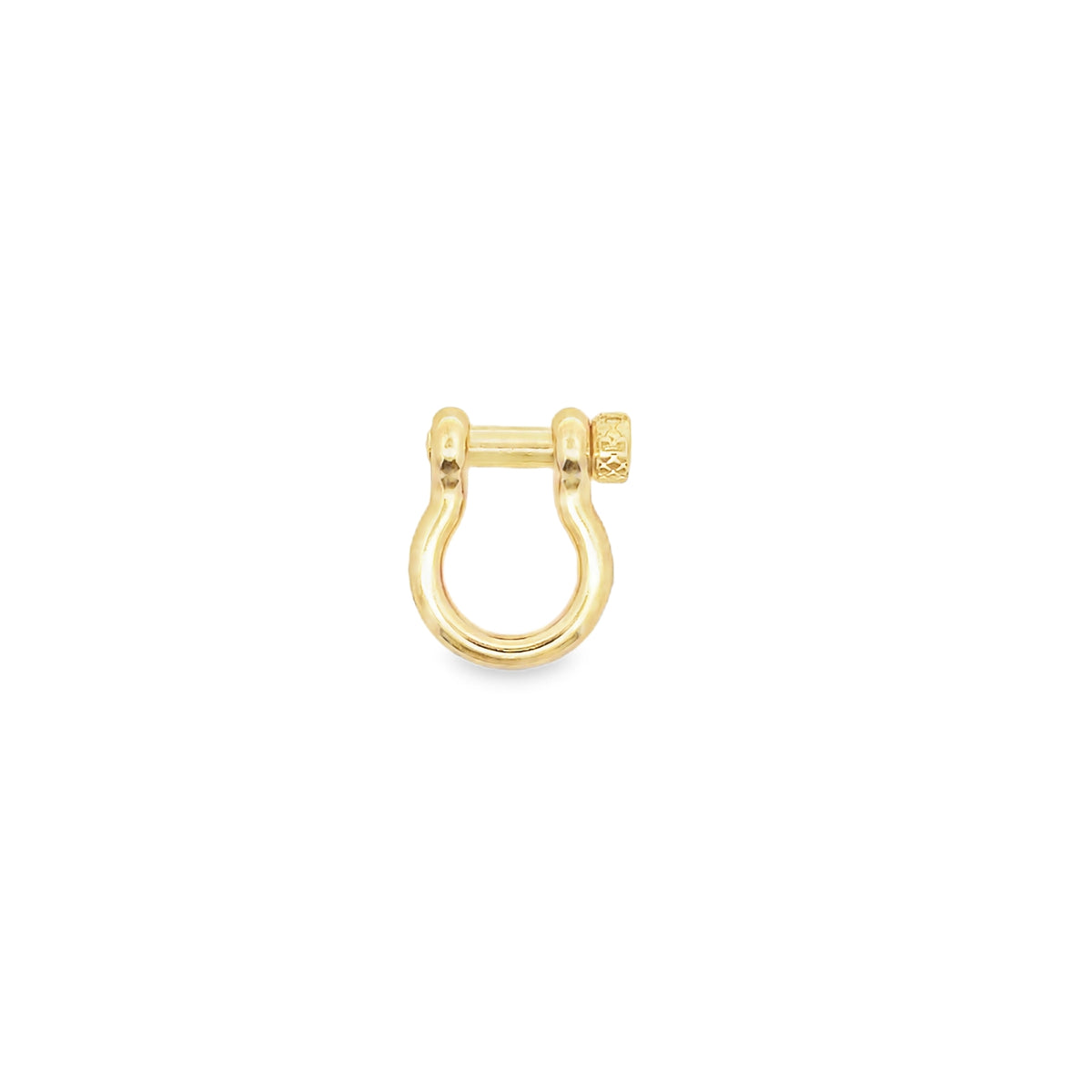 A polished gold shackle charm earring features a textured screw pin closure against a clean white background.