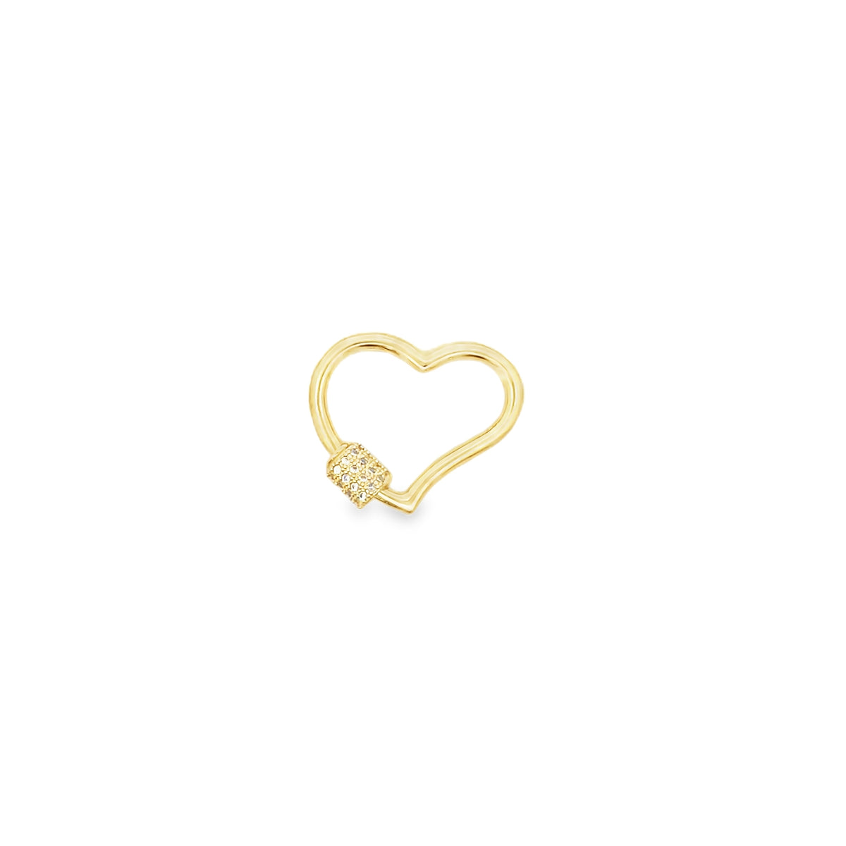 A gold heart-shaped carabiner charm features a textured, sparkling barrel closure.