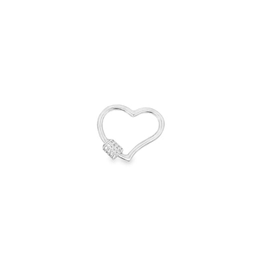 A silver heart-shaped earring features a sparkling pave-set diamond accent along its bottom edge.