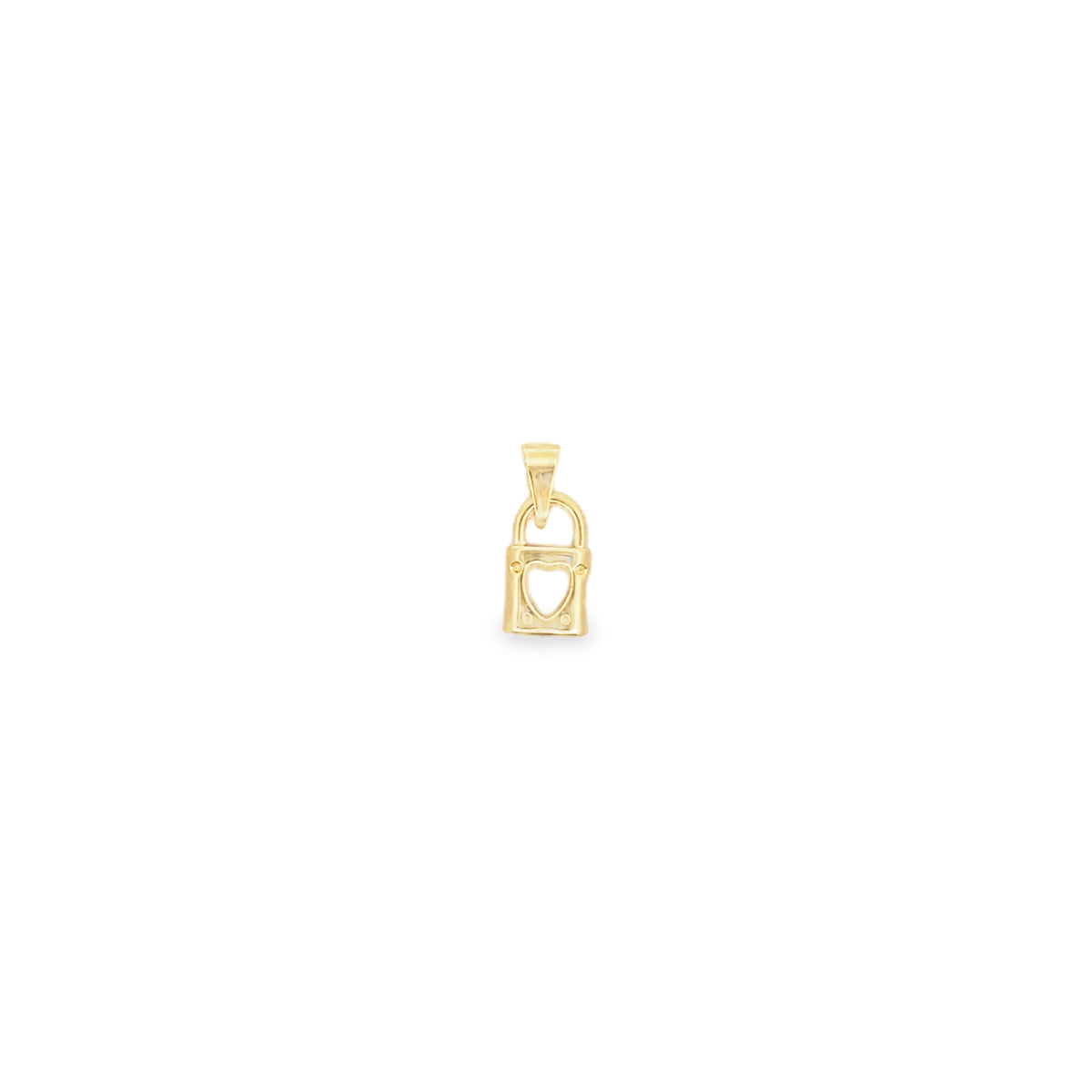 A dainty gold padlock pendant featuring a central heart cutout gleams against a white background.