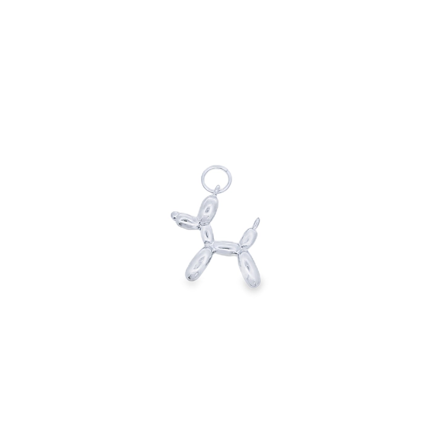 A polished silver balloon dog charm hangs from a small jump ring against a plain white background.