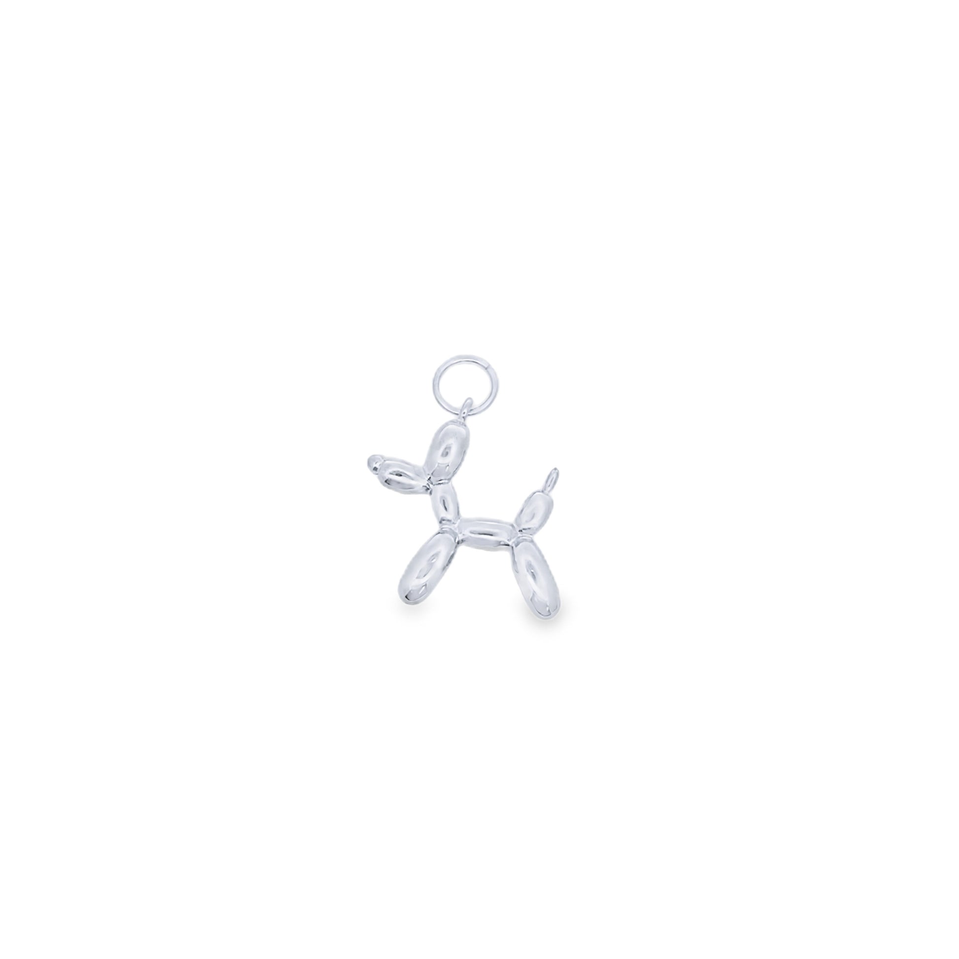 A polished silver balloon dog charm hangs from a small jump ring against a plain white background.