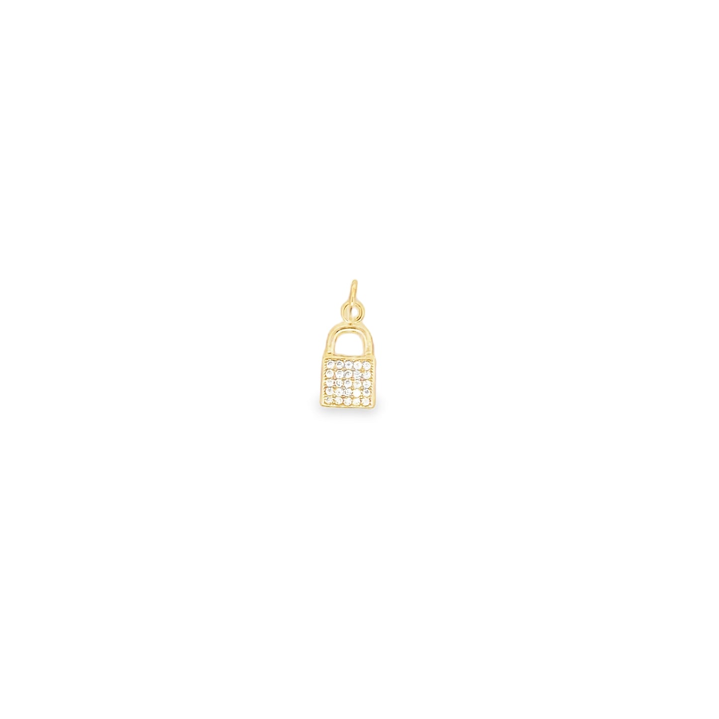A small gold padlock charm features a pavé-set diamond front on a white background.