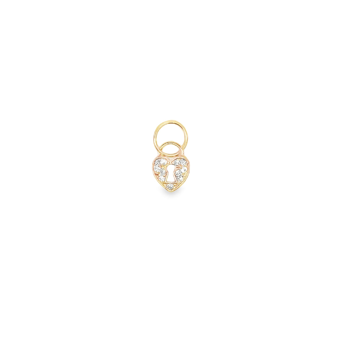 A gold heart-shaped padlock charm is adorned with sparkling diamonds and features a keyhole design.
