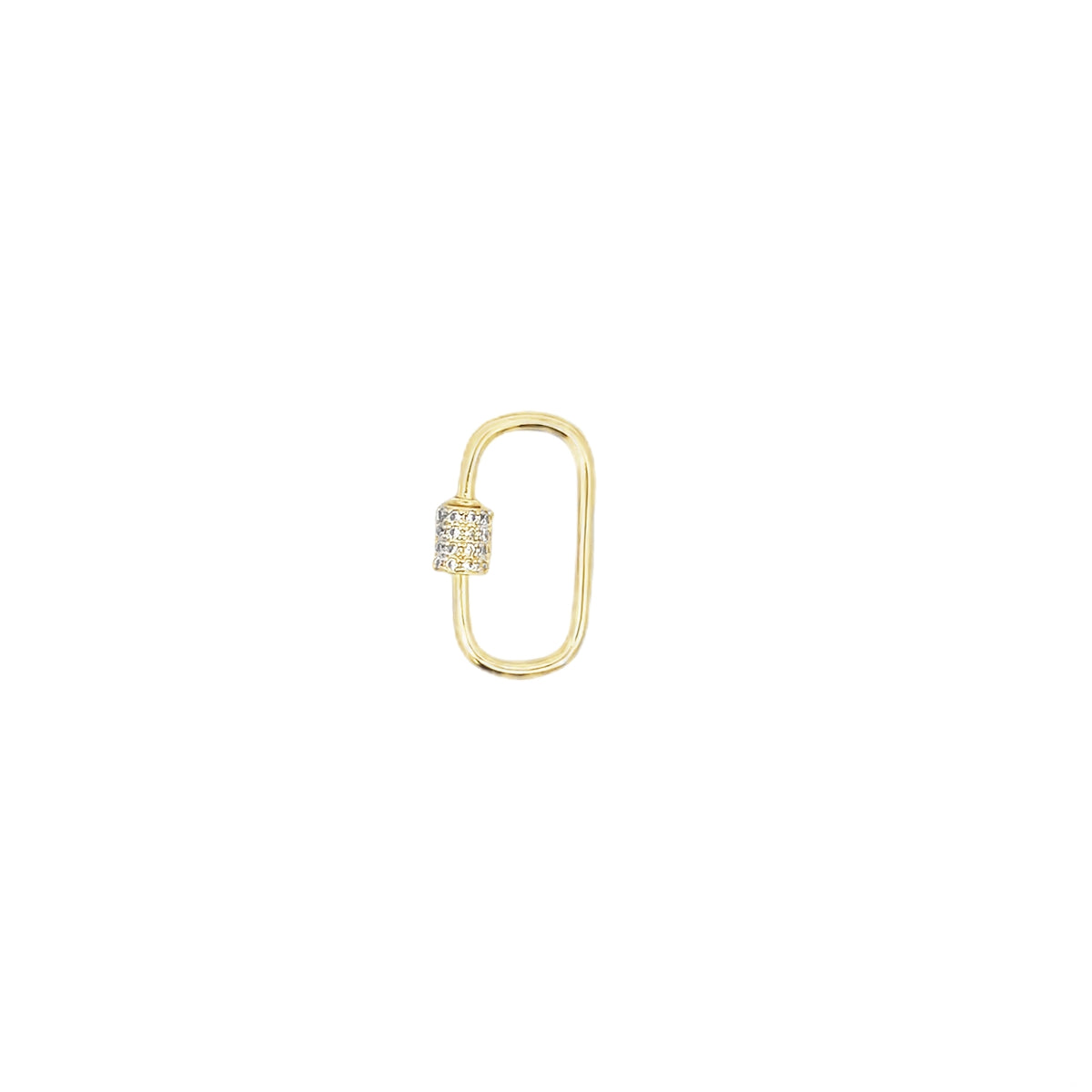 A gleaming gold oval lock charm features a sparkling, pavé-set diamond clasp against a clean white background.