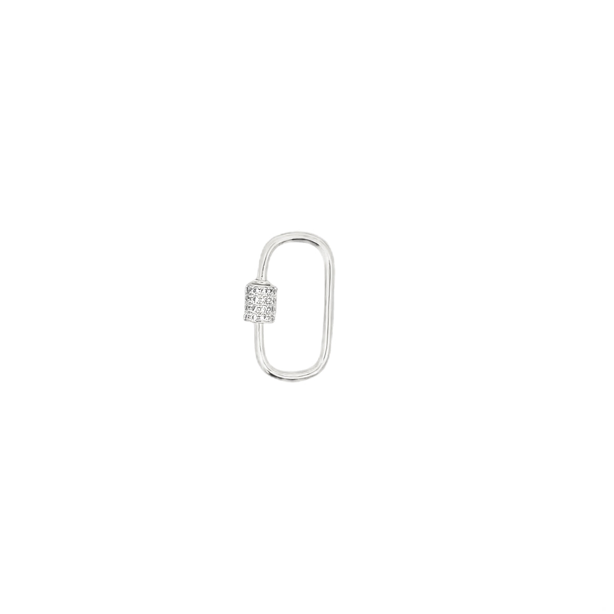 A sterling silver charm holder features a sparkling pave diamond screw lock closure against a clean white background.