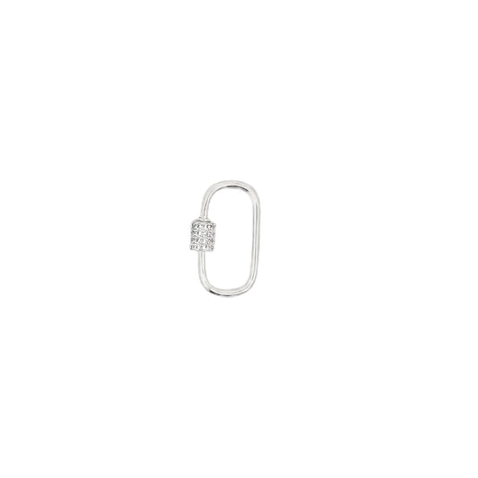 A sterling silver charm holder features a sparkling pave diamond screw lock closure against a clean white background.