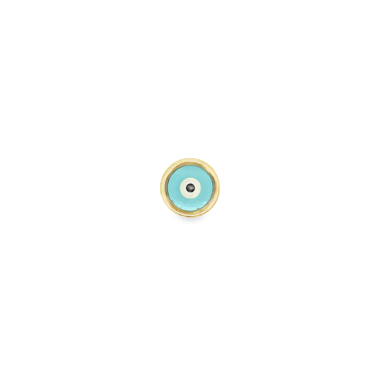 A small round gold stud earring features a vibrant turquoise and white enamel evil eye design.