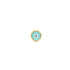 A small round gold stud earring features a vibrant turquoise and white enamel evil eye design.
