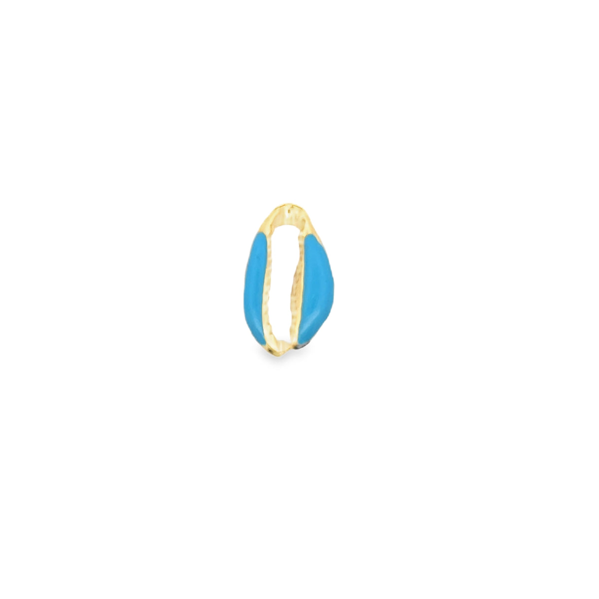 A gold cowrie shell charm features vibrant turquoise enamel detailing.