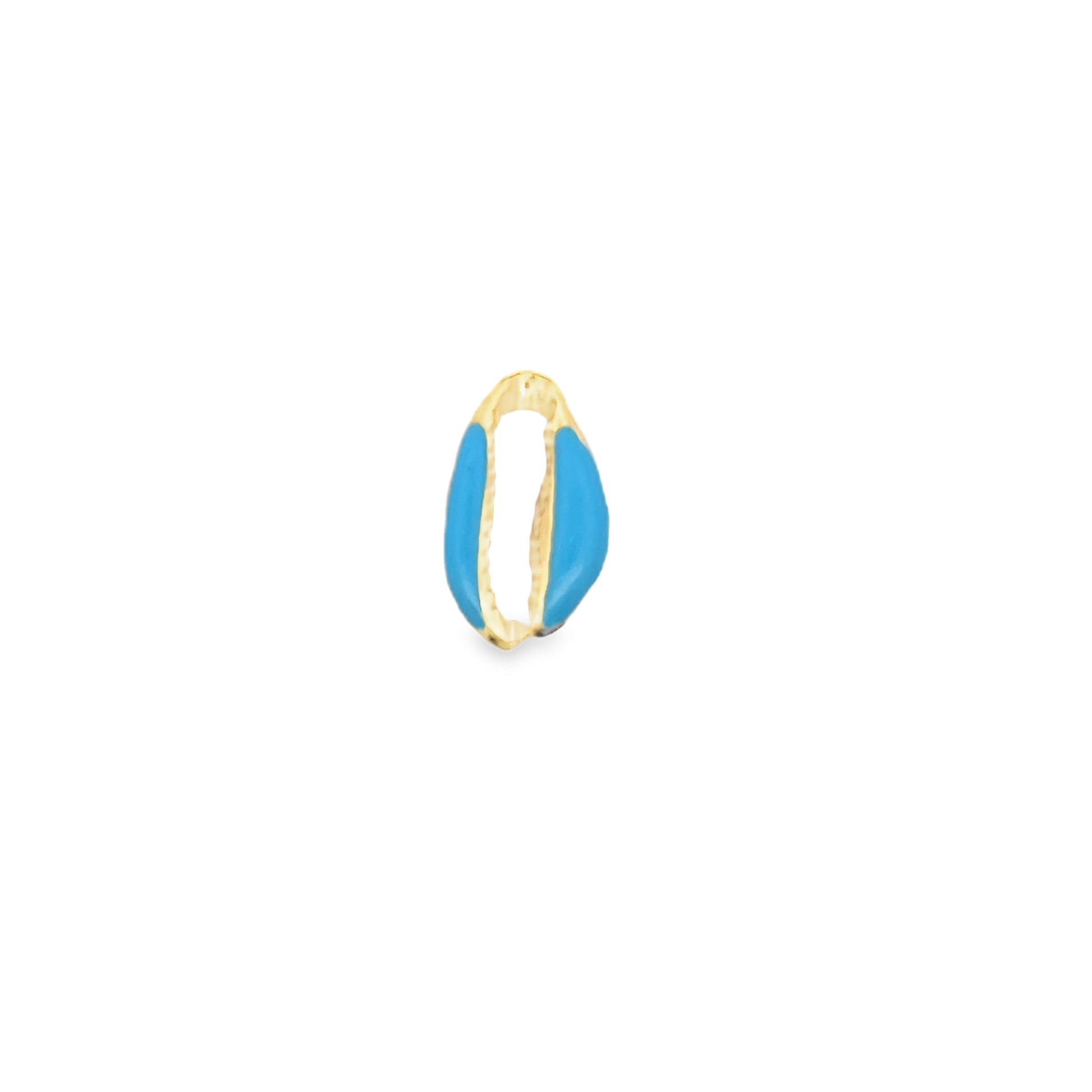 A gold cowrie shell charm features vibrant turquoise enamel detailing.