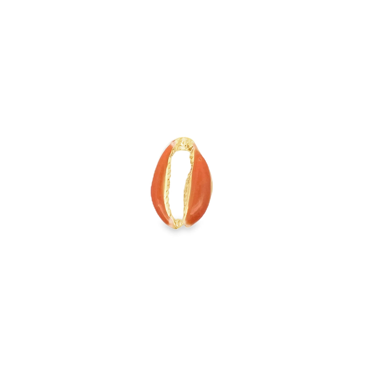 A gold and orange enamel cowrie shell charm rests against a white background.