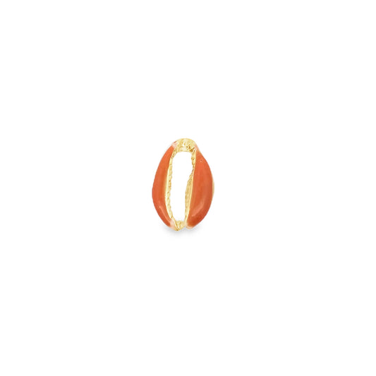 A gold and orange enamel cowrie shell charm rests against a white background.