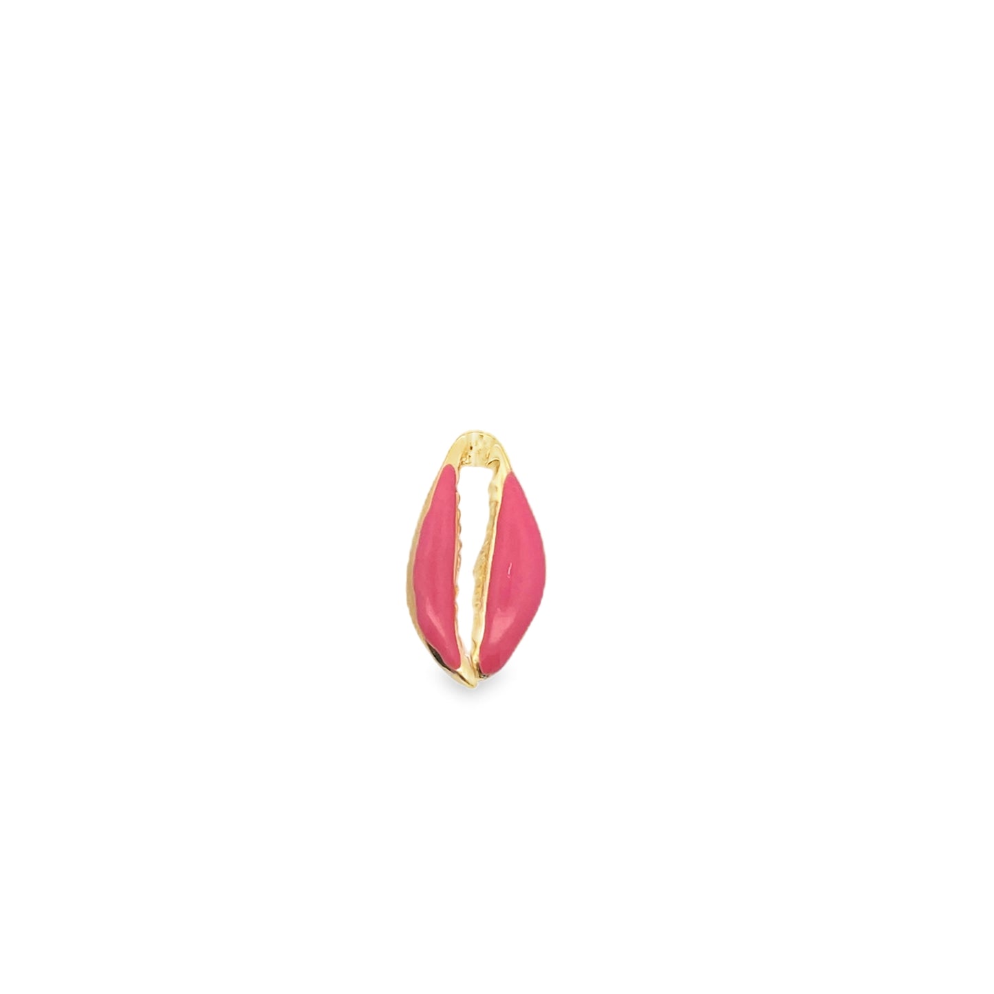 A gold cowrie shell pendant features vibrant pink enamel details on a clean white background.