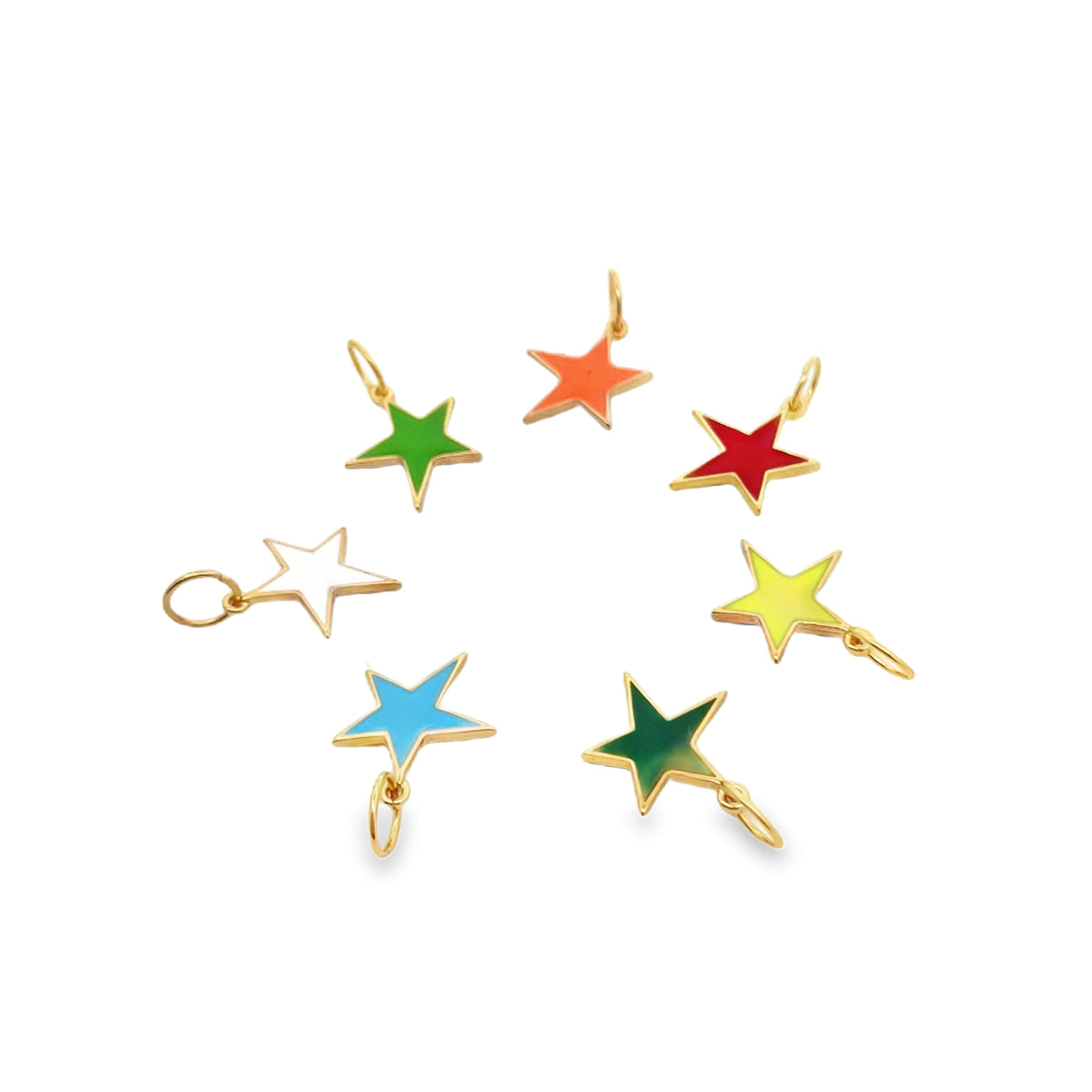 Seven colorful enamel star charms with gold jump rings are arranged in a circle against a white background.