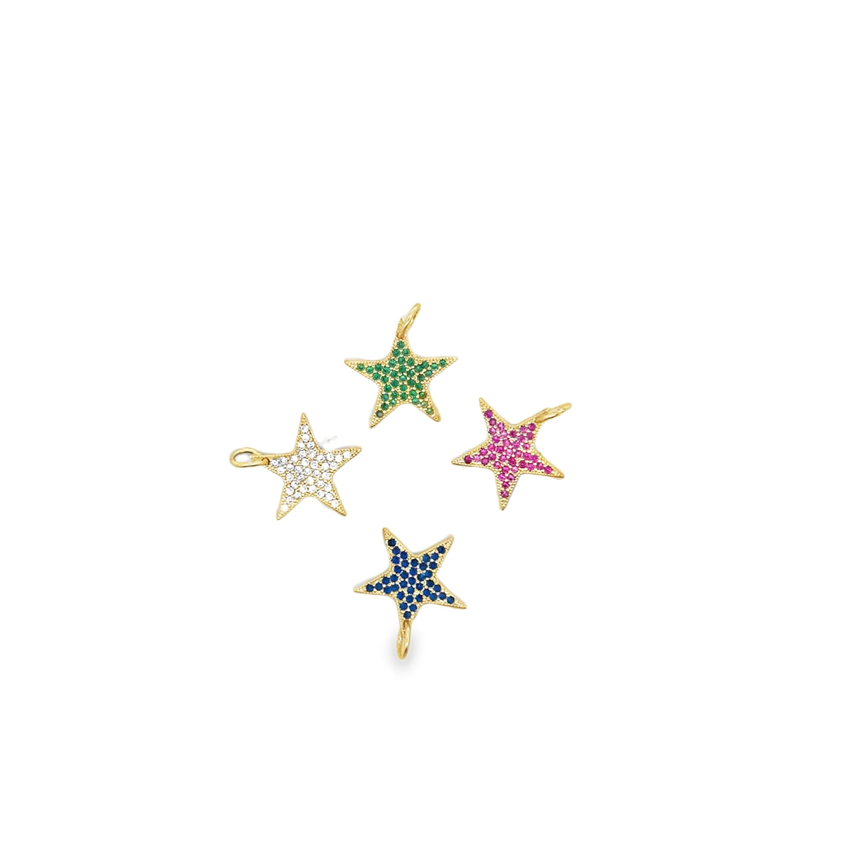 Four gold star charms inlaid with colorful cubic zirconia stones in white, green, pink, and blue rest against a clean white background.