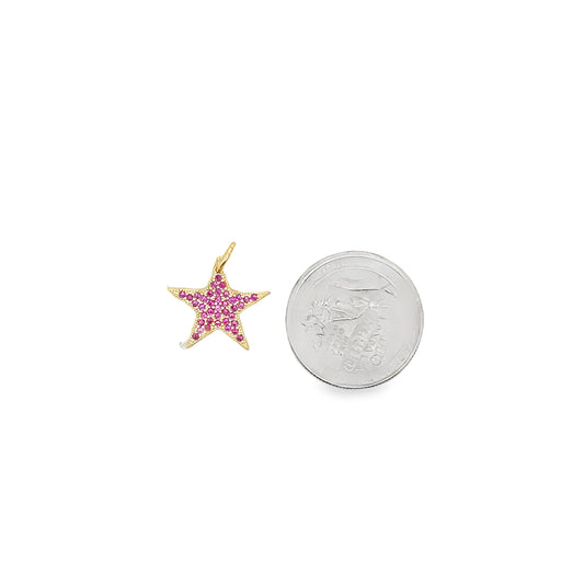 A gold star pendant paved with sparkling pink stones rests beside a US quarter for size comparison.