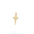 A delicate gold crucifix pendant features a detailed figure of Jesus set against a textured, starburst-like center on a white background.