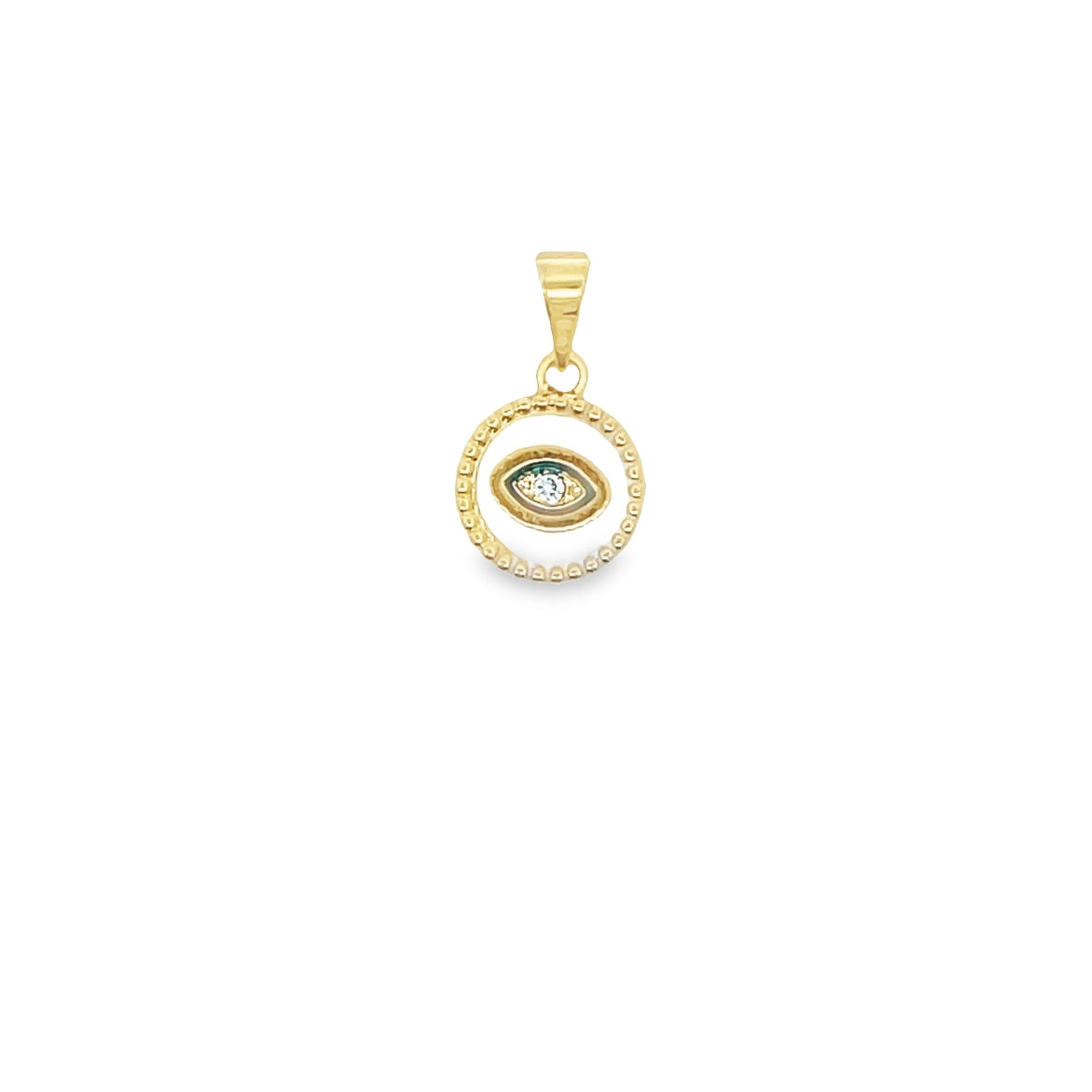A gold evil eye pendant features a central diamond accent enclosed within a beaded circular frame against a white background.