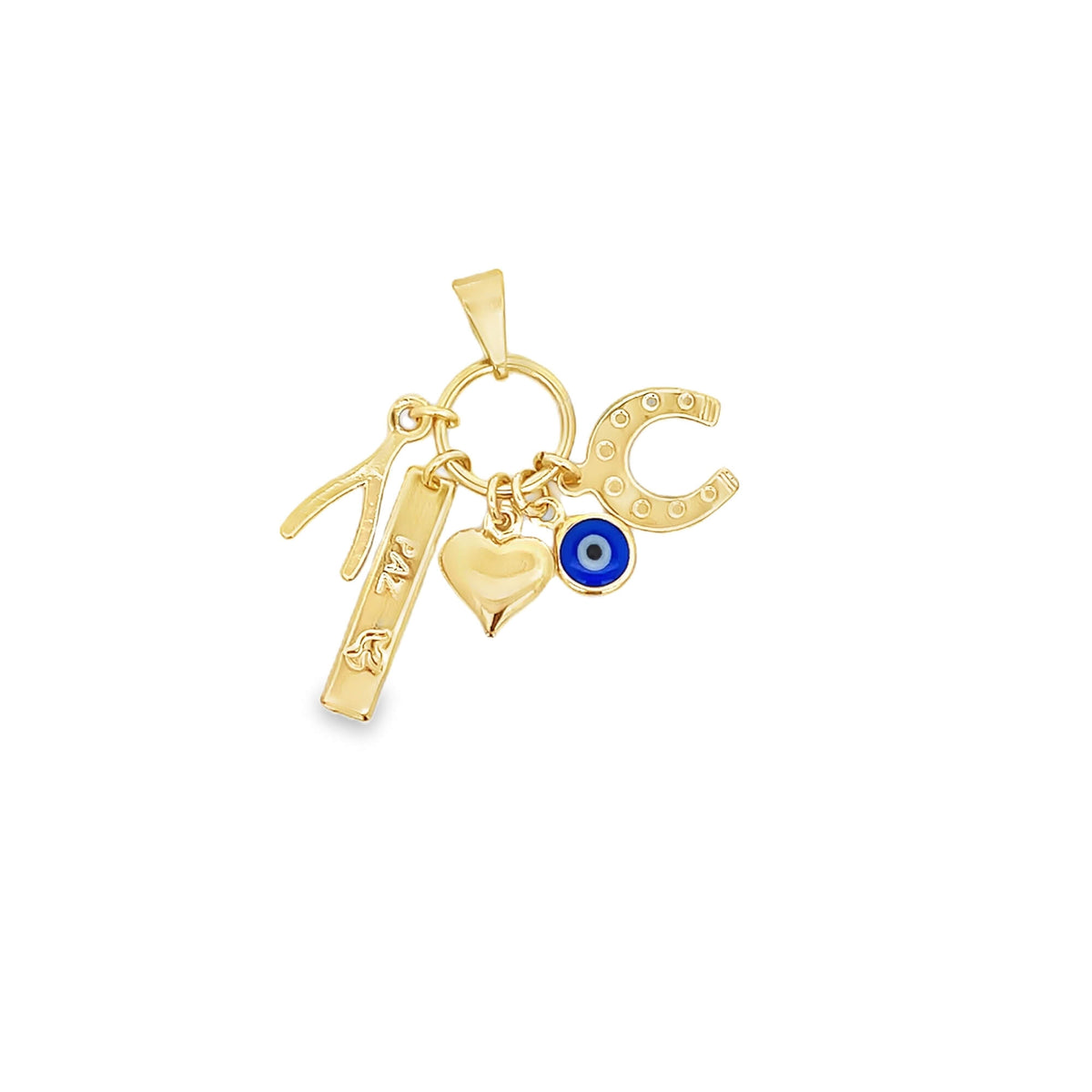 A gold charm pendant dangles with auspicious symbols, including a horseshoe, evil eye, heart, wishbone, and a bar engraved with 'PAZ'.