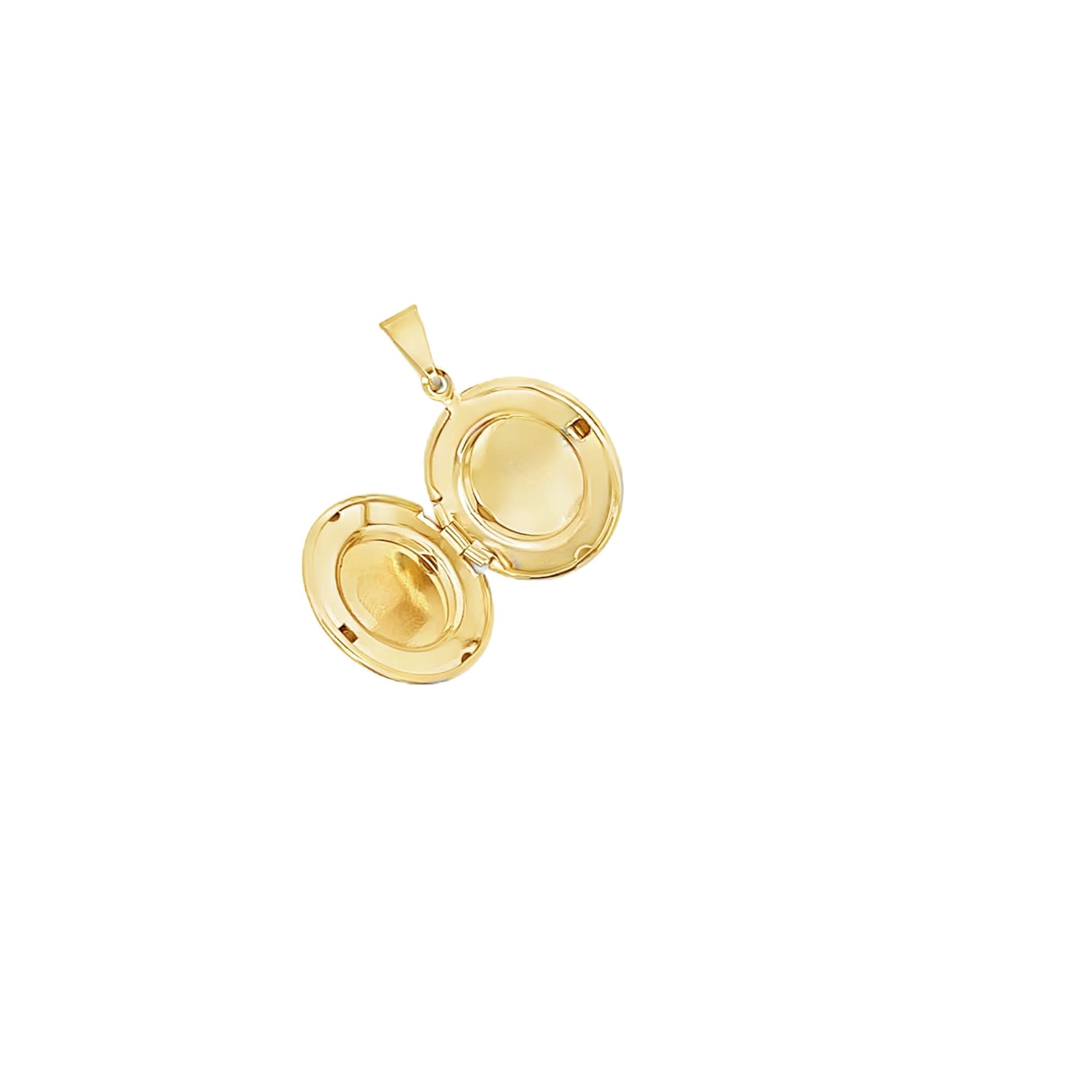 An open gold oval locket pendant displays its empty interior against a clean white background.