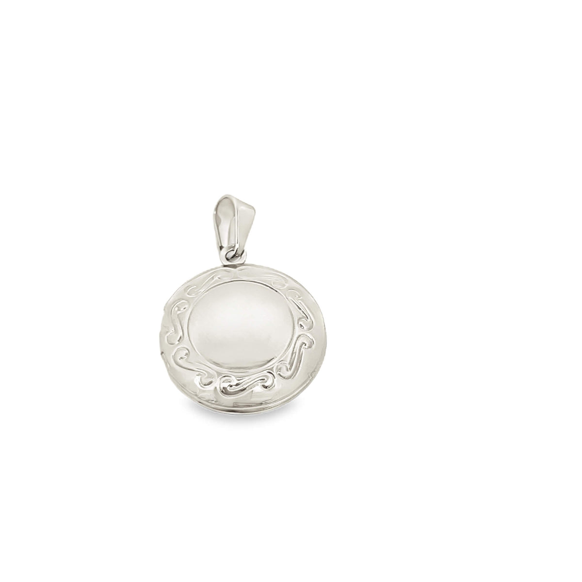A polished silver locket pendant features intricate swirl engravings along its circular border.