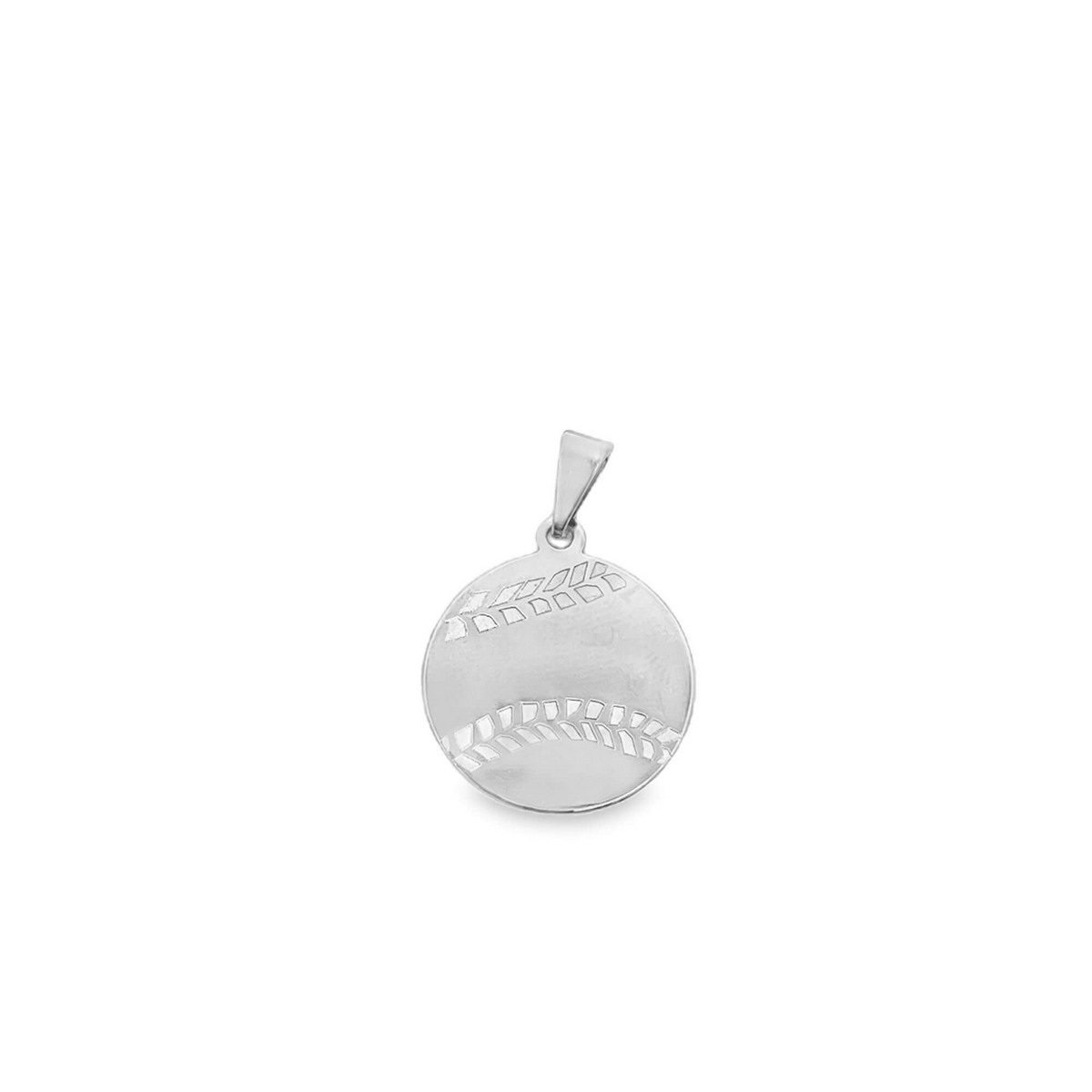 A silver baseball pendant necklace showcases an engraved baseball stitch design on a round medallion.