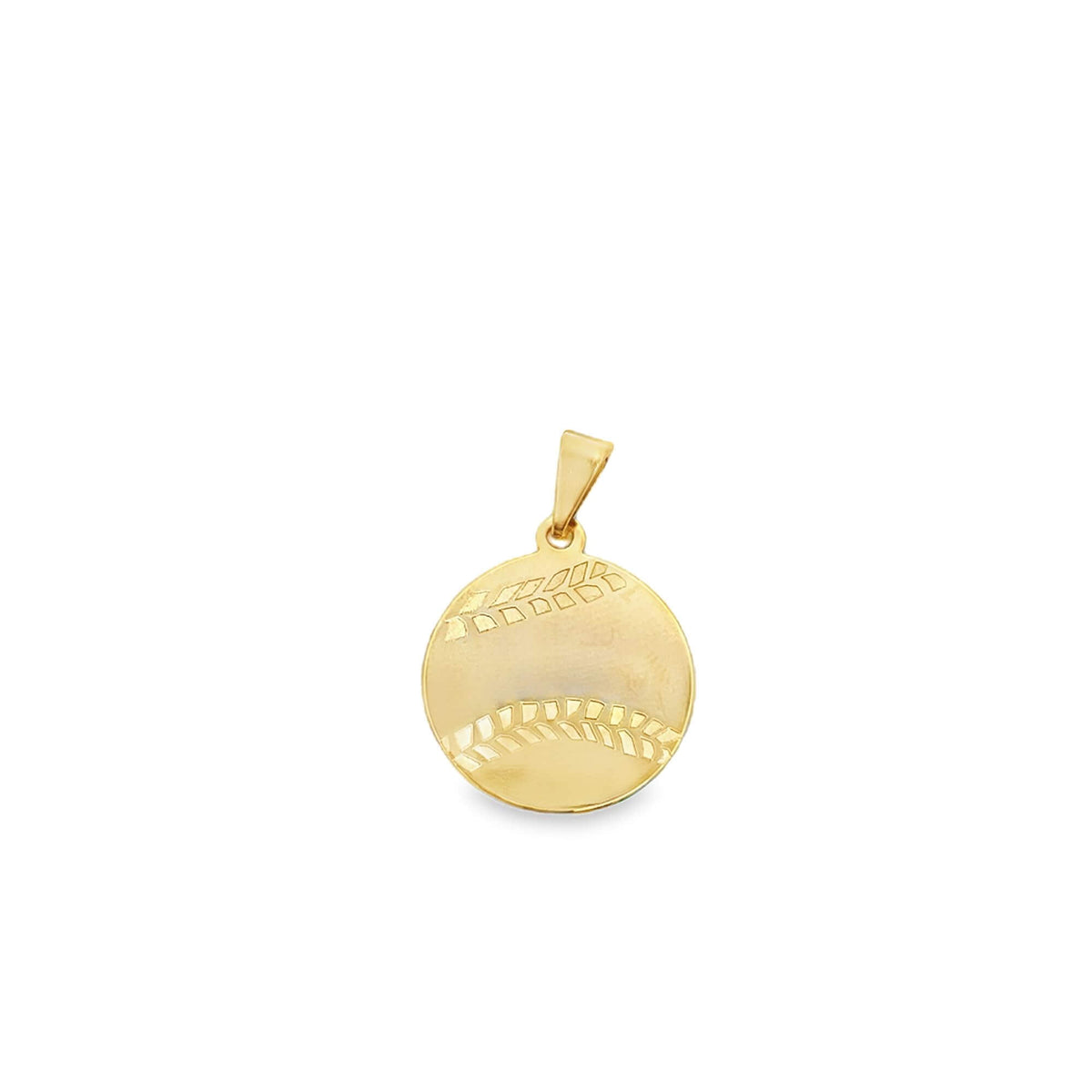 A round gold pendant featuring a textured baseball design hangs against a plain white background.