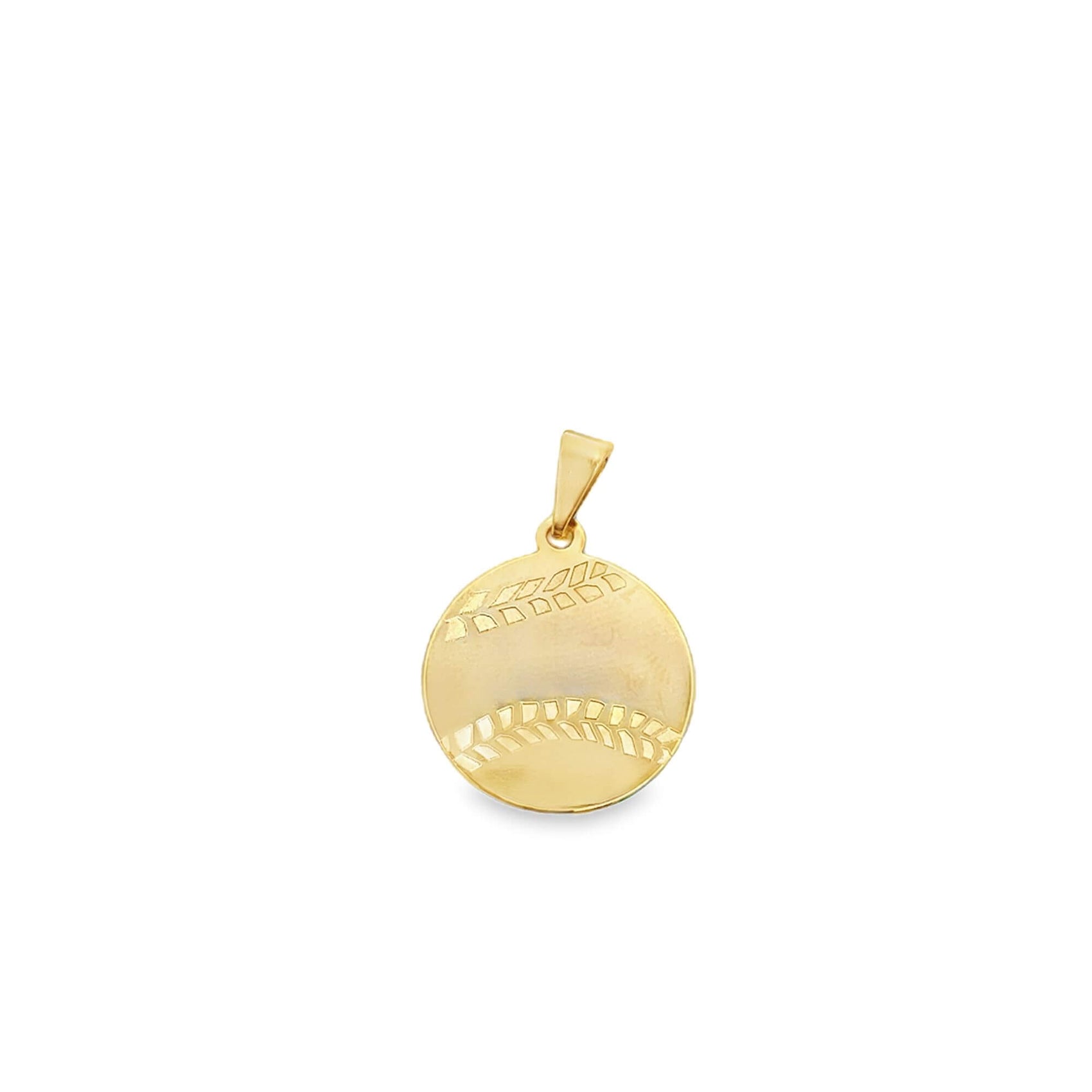 A round gold pendant featuring a textured baseball design hangs against a plain white background.