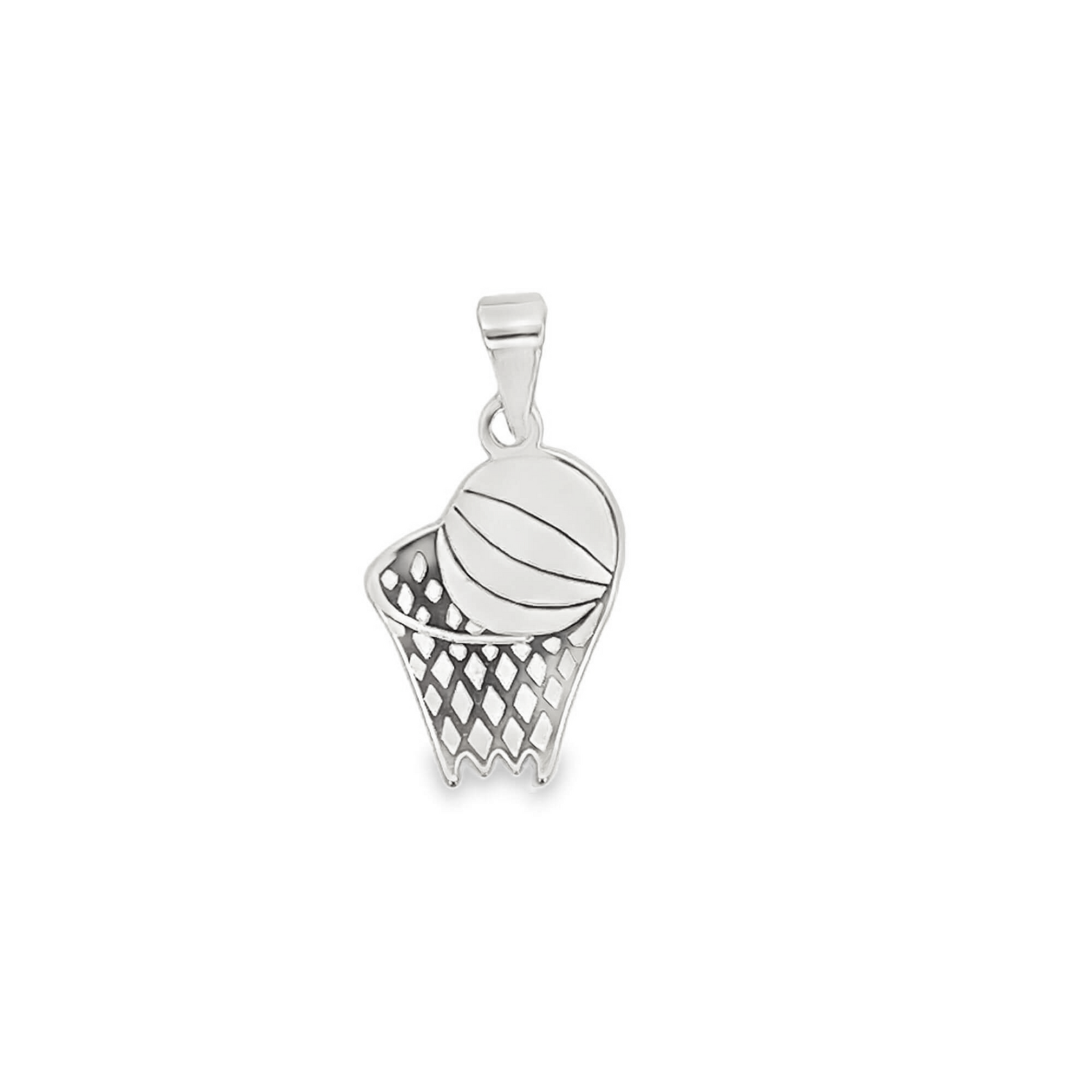 A shiny silver basketball and hoop pendant hangs against a clean white background.