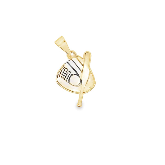A gold and white gold baseball pendant features a detailed glove, bat, and ball against a plain white background.