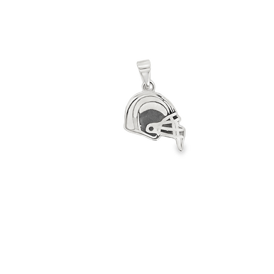 A detailed silver football helmet pendant hangs against a clean white background.