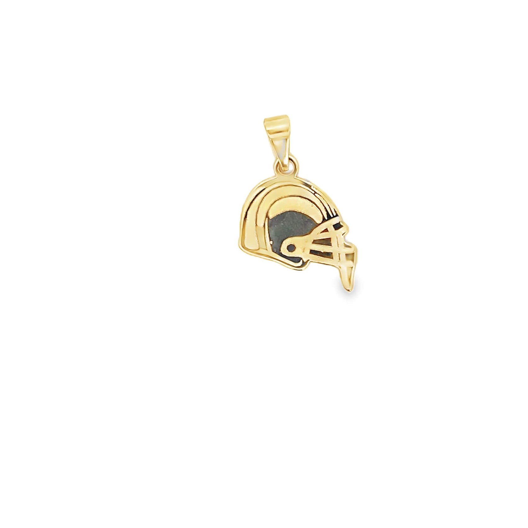 A polished gold football helmet pendant featuring a dark inlay sits centered against a plain white background.