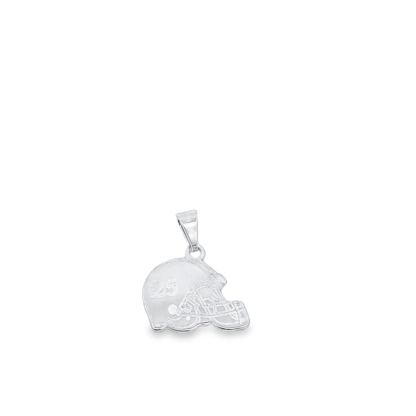 A silver football helmet pendant features the number 25 engraved on its side against a clean white background.